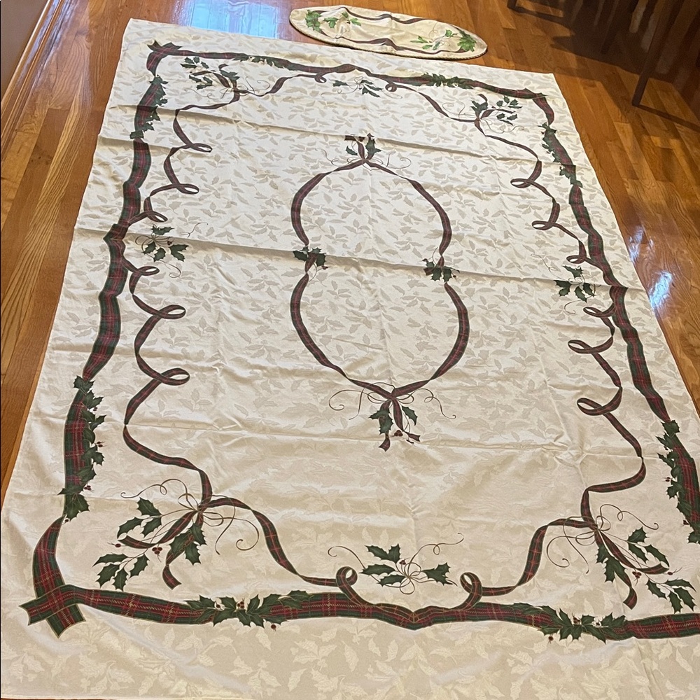 Lenox Cream Tablecloth with Green and Red Holly Accents